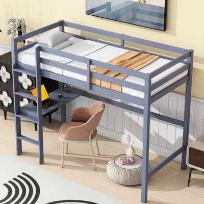 Twin Loft Bed With Guardrail And Built-in Desk, Grey Color, Made From Rubber Wood For A Luxurious Bedroom Feel Desk In Grey, Provides Functional Sleeping Space