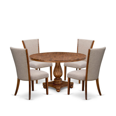 Ensemble de table à manger 5 pièces comprenant une table de salle à manger ronde de 54 po avec piédestal et 4 chaises Parson en tissu de lin brun clair, noyer antique