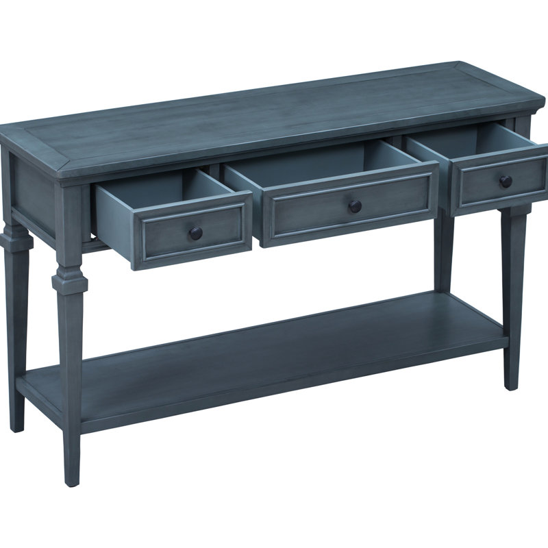 Console bleu marine avec trois tiroirs et espace de rangement de style rétro