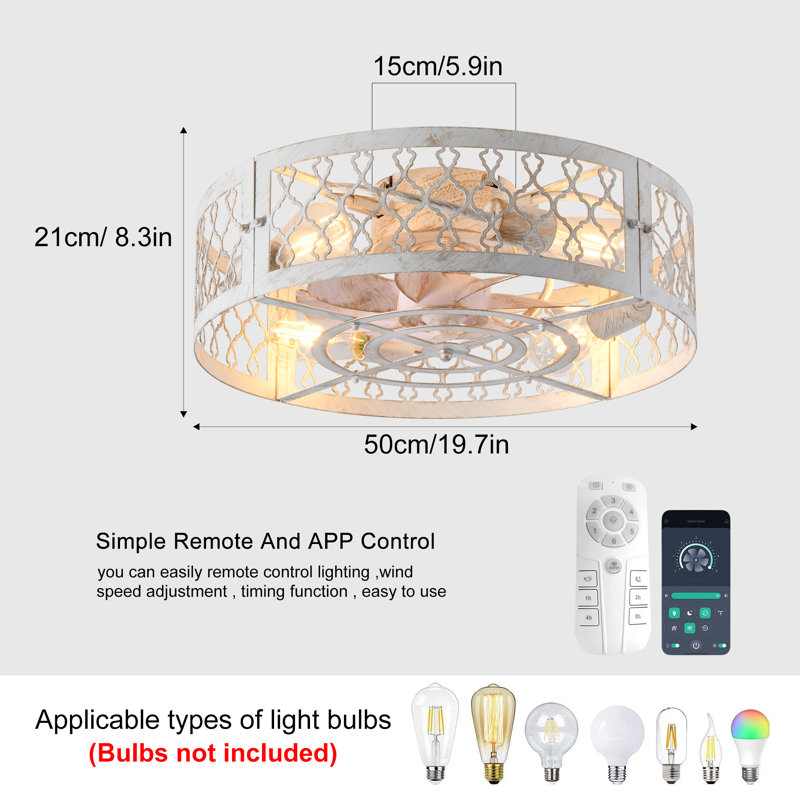 Otylia 19.7'' Farmhouse Reversible Caged Ceiling Fan with Light Kit and Remote, Distressed White