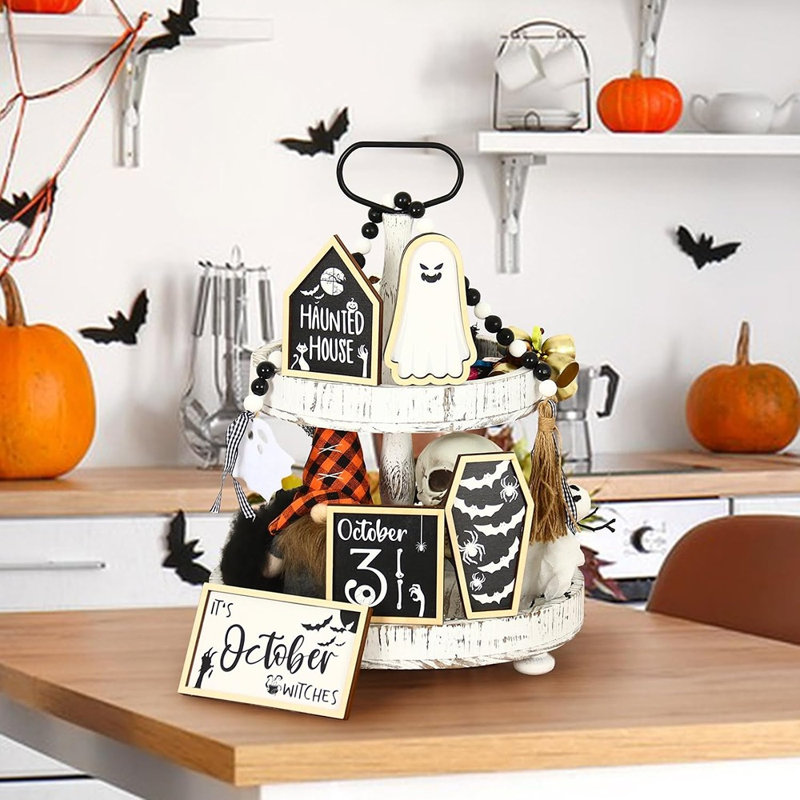 Ensemble de 6 décorations de plateaux à étages pour Halloween - Ensemble de maisons hantées, chauves-souris et fantômes le 31 octobre