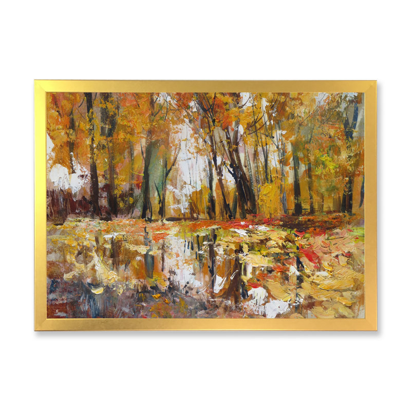 "Autumn Forest Spatula Effect", peinture murale traditionnelle sur toile, H 16 po x l 32 po x P 1 po, Encadrement doré
