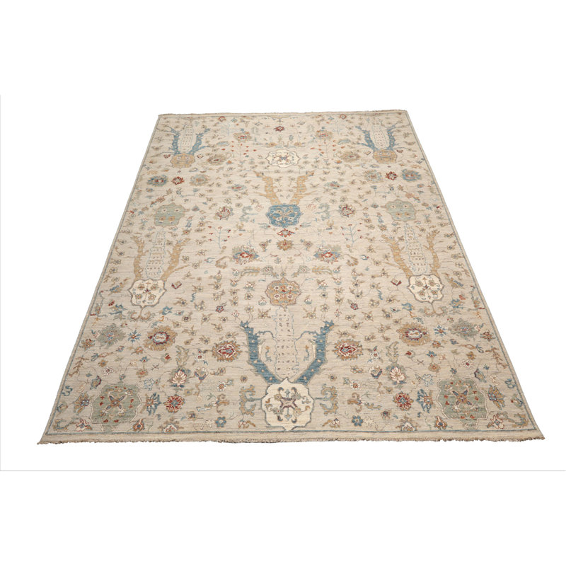 Tapis oriental beige en laine nouée à la main 9x12