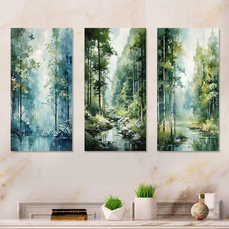 Tranquil Shadows Green Forest - Forest Metal Prints Set Of 3, 28" H x 36" W