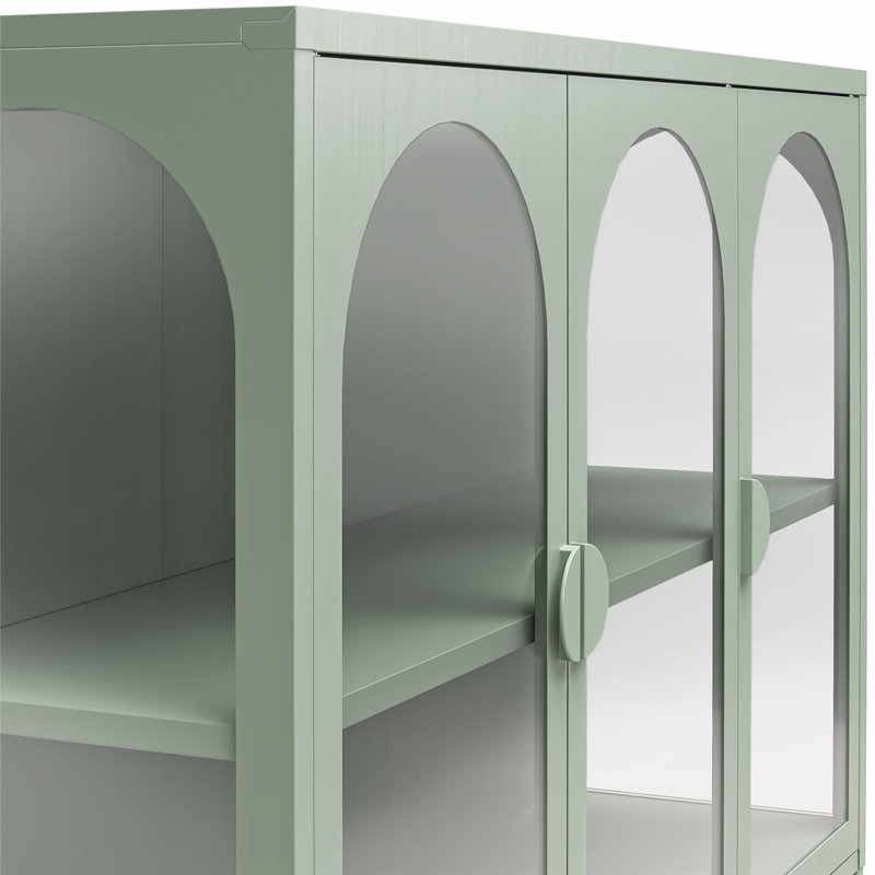 Pale Green Metal Accent Cabinet with Adjustable Shelving and Glass Doors