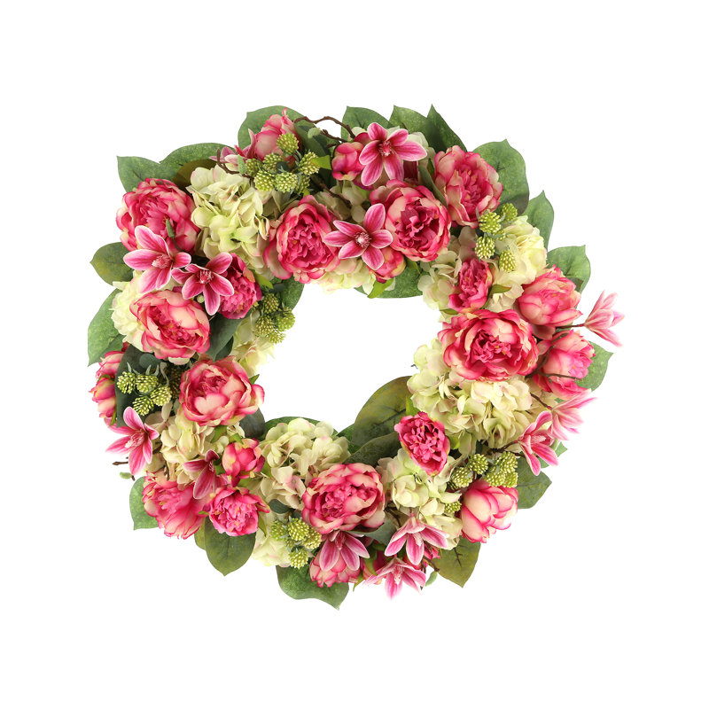 26" Grapevine Wreath with Peonies, Magnolias and Lucky Berries