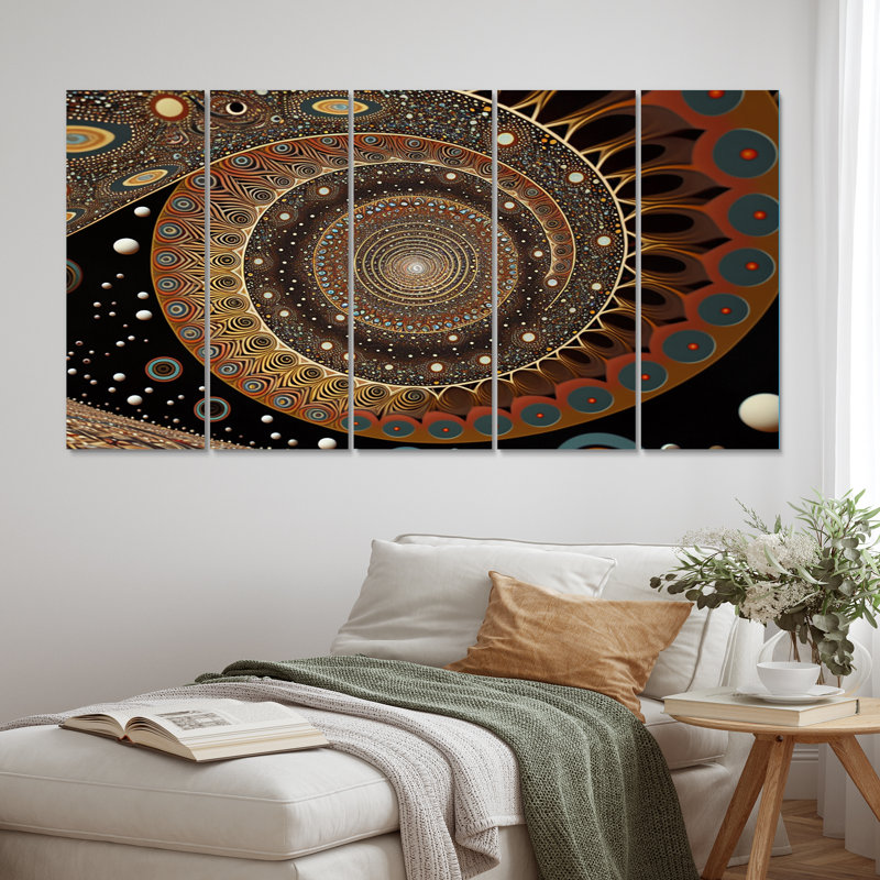 Rétro spirale fractale rétro en terre cuite V - reproduction d'art abstrait sur toile - 5 panneaux égaux