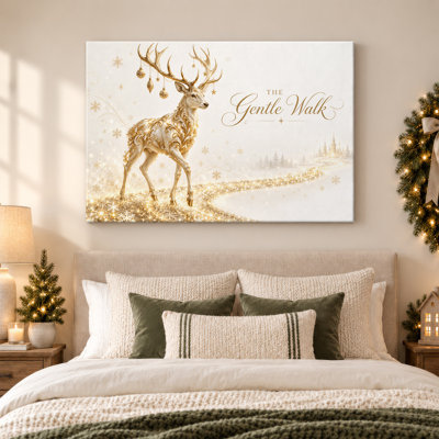 Art mural sur toile Golden Deer on Glittering Path in Snowy Landscape Christmas