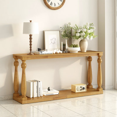 Vintage Console Table with Wood Grain Finish & Lower Shelf - Space-Saving Narrow Entryway Table for Hall, Living Room or Bedroom (63" x 15.7")