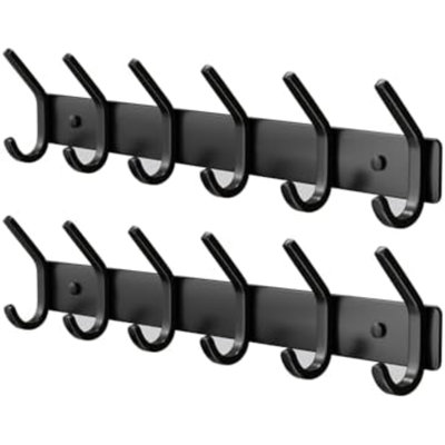 Crochets muraux porte-manteaux - 38 cm (15 pouces) en métal noir mat, 6 crochets, fixation murale, style moderne pour chambre d'enfant, entrée et salle de bain, pour serviettes de plage, manteaux, sacs à main, sacs (lot de 2)