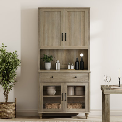 Corretta Buffet Cabinet With Bar Hutch, Kitchen Sideboard Cabinet With Glass Doors And Ample Storage Cabinet, Farmhouse 5 Tier Bookshelf With Wood Door, Sideboard Credenza For Dining Room, Wash Grey, 34''
