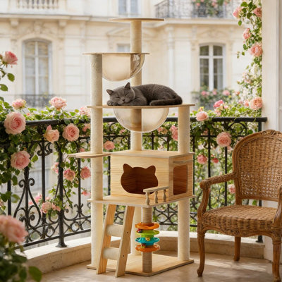 Tour pour chat 59 "en bois moderne, poteau à griffer en sisal et poteaux en acrylique pour chats d'intérieur