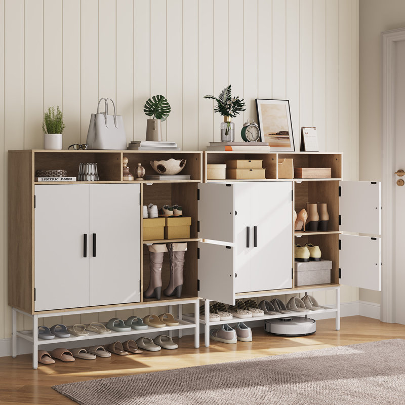Rangement pour chaussures 4 portes Farmhouse, Bois naturel et blanc