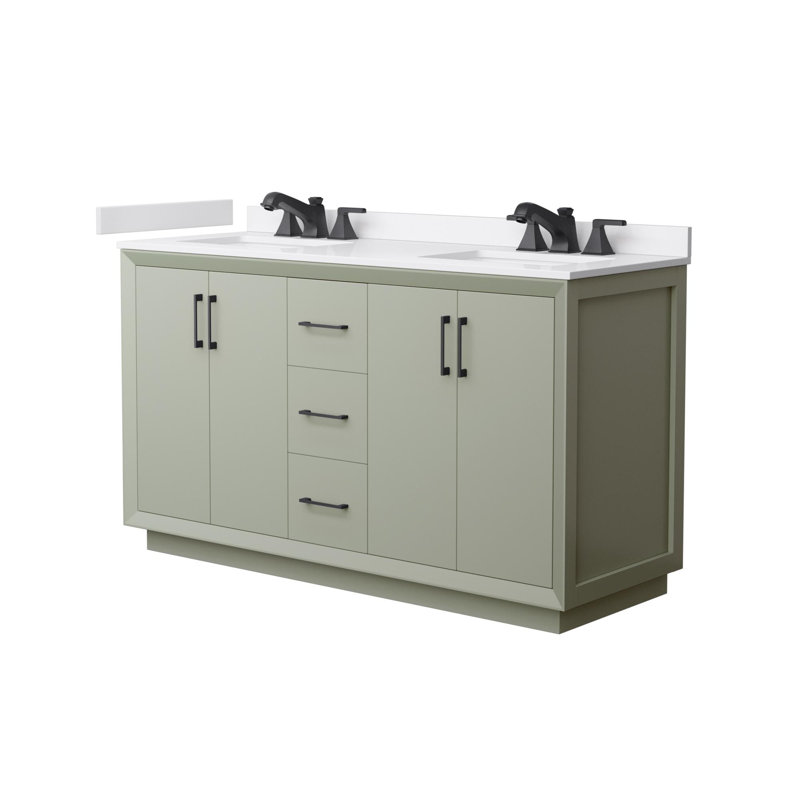 Strada 60" Freestanding Double Bathroom Vanity with Cultured Marble Top, Green / Satin Bronze, Satin Bronze, 60" W
