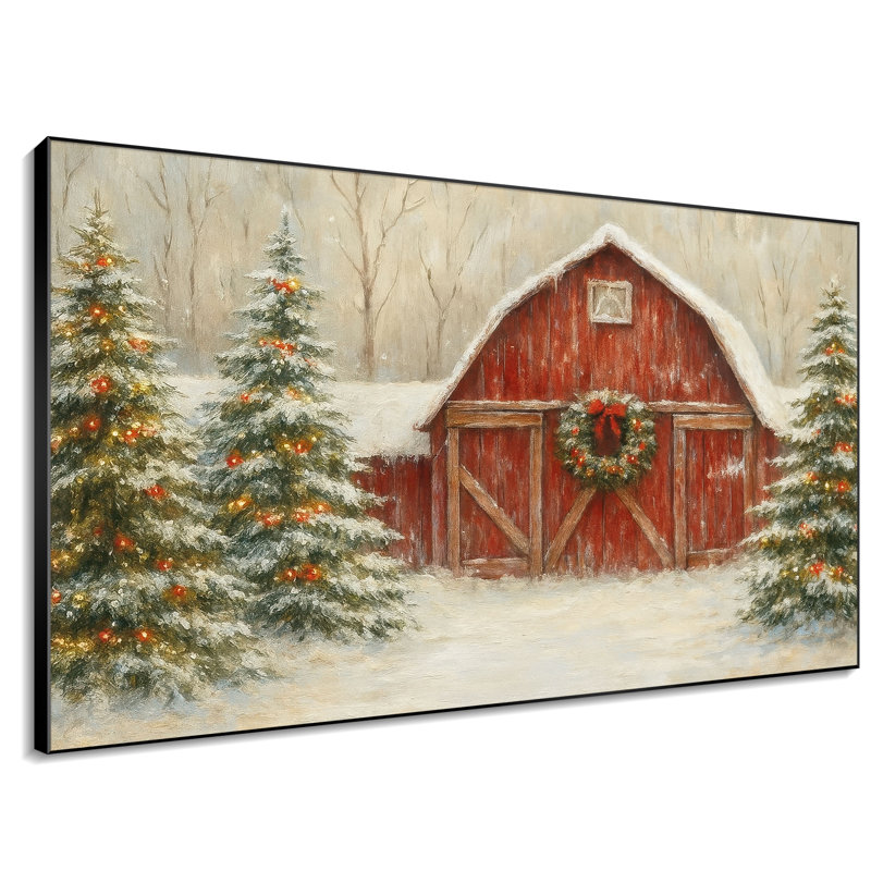 Très grand art mural imprimé sur toile - décoration de salon de Noël en forme de grange enneigée - cadre à assembler requis (cadre non fini)