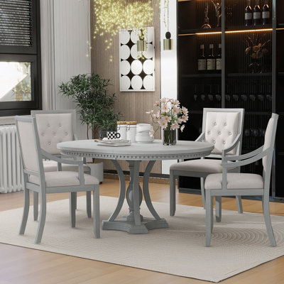 Ensemble de salle à manger 5 pièces Retro, table ronde extensible et 4 chaises, chêne gris antique
