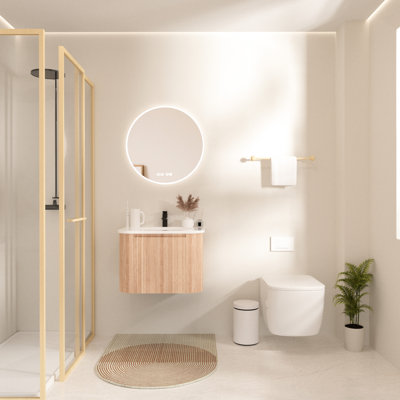 Meuble-lavabo mural de 61 cm (24 pouces) avec lavabo, design incurvé, finition imitation bois, tiroir à fermeture douce pour ranger les articles du quotidien, profil moderne, aspect naturel, revêtement en marbre reconstitué.