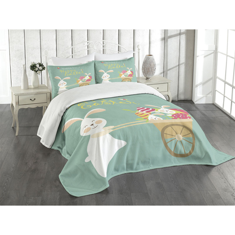 Ambesonne Easter Bedspread Set Smiling Bunny Eggs Multicolor, Queen Bedspread + 2 Standard Shams