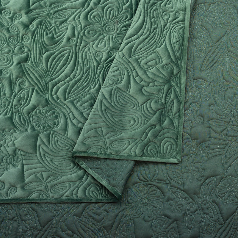 Emerald Green Velvet Full Quilt Set with Botanical Motif