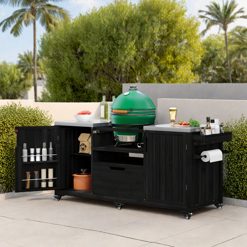 Îlot de cuisine extérieur avec plateau en acier inoxydable, tiroir et 2 armoires