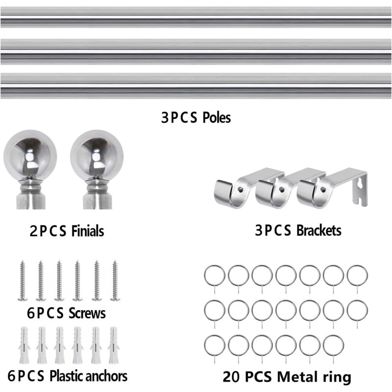 Adjustable 70cm to 300cm 2.8cm Single Curtain Pole, Chrome