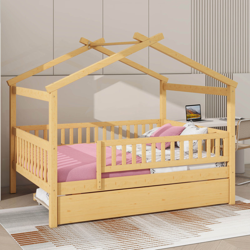 Wooden House Bed with Trundle, Full, Natural
