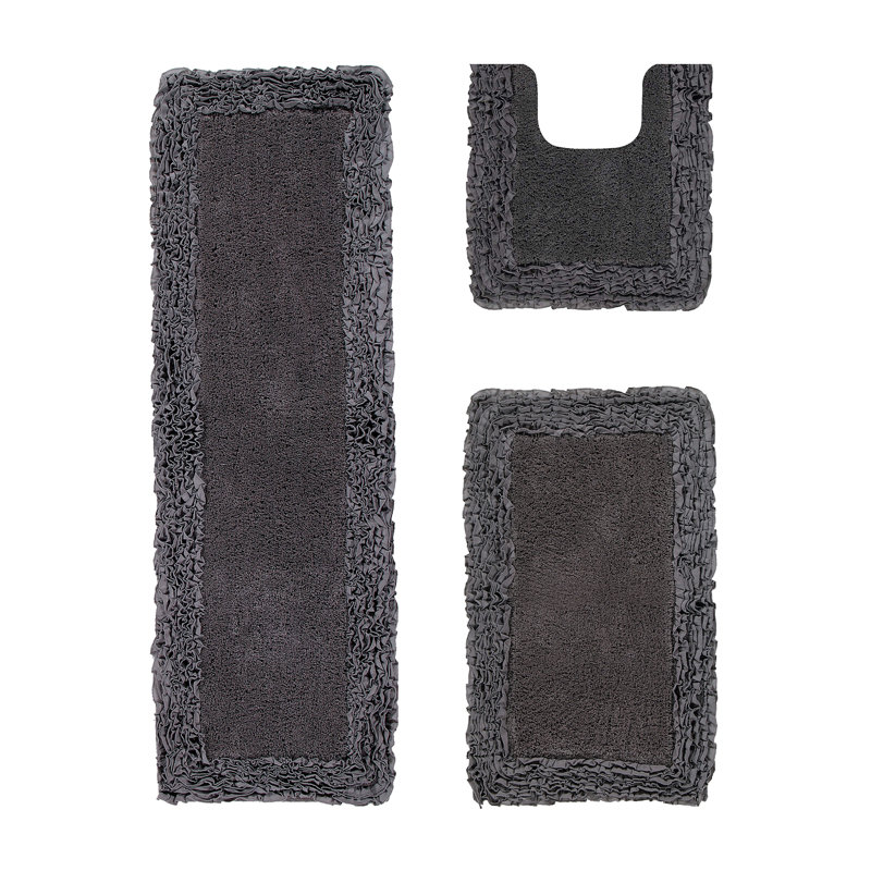 Ensemble de tapis pour salle de bain 100% coton 1775 g / m² 3 pièces Courson, certifié OEKO-TEX®, envers en latex antidérapant, motif de volants touffetés moelleux, super absorbant, tapis de salle de bain lavables à la machine, gris