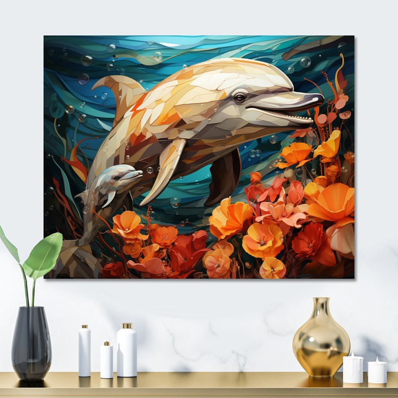 «Dolphin Marine Symphony Geometric - Animals», reproduction d'art en métal, H 30 po x l 40 po