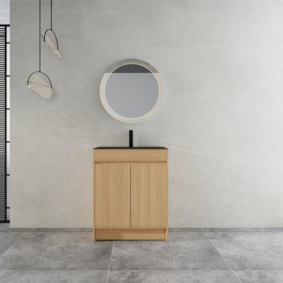28" Freestanding Bathroom Vanity / Laundry Utility Cabinet, w/ Stainless Steel Sink and Flexible Drain Pipe, 2-Soft Close Door, Oak, Plywood, KD-Packing
