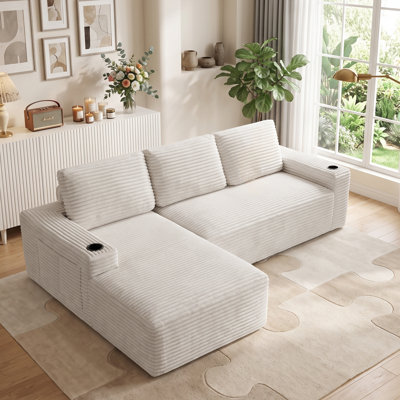 Boneless 104''W Cloud Modern Modular L-Shaped Sofa , Compressed Corduroy Upholstered Boneless Sofa Couches With Chaise And Cup Holder
