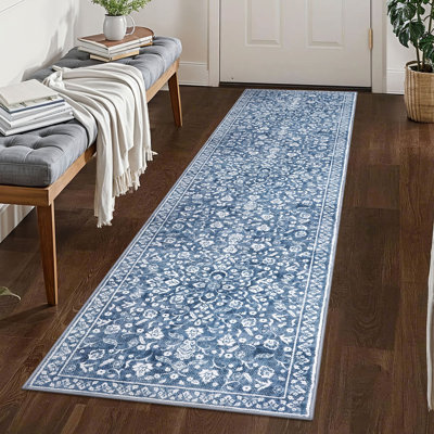 Blue Machine Washable Rugs for Bedroom Non-Slip Low Pile Throw Rugs with Rubber Backing Washable Carpet