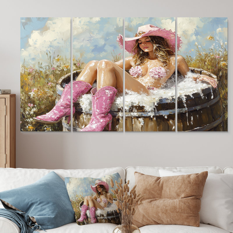 Cowgirl prenant un bain dans un baril de ferme - ensemble de décoration murale de salle de bain, H 32 po x l 64 po