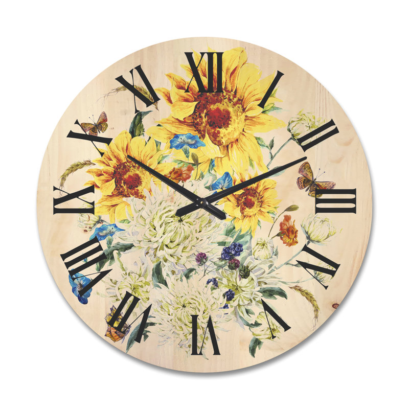 Horloge murale en bois de chrysanthèmes et tournesols, Grand