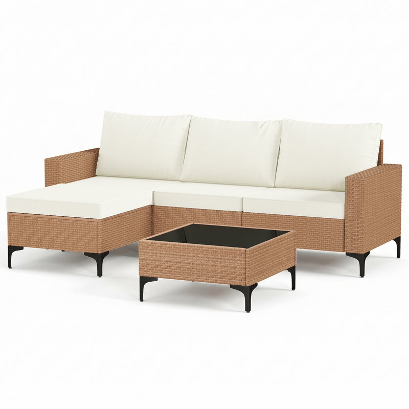 5-Piece Outdoor Patio Wicker Conversation Furniture Set With Cushions, Brown, White