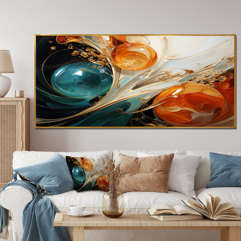 Tempête blanche blanche, bleue et orange - Peinture abstraite, art mural, Cadre flottant doré, H 28 po x l 60 po x P 1,5 po