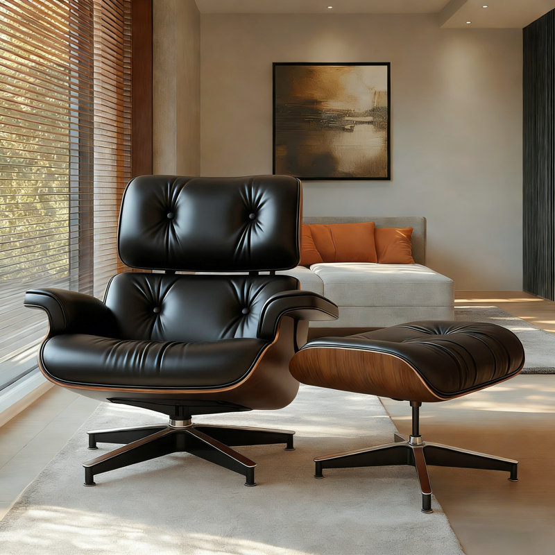 Genuine Leather Swivel Lounge Chair With Ottoman, Black, Walnut