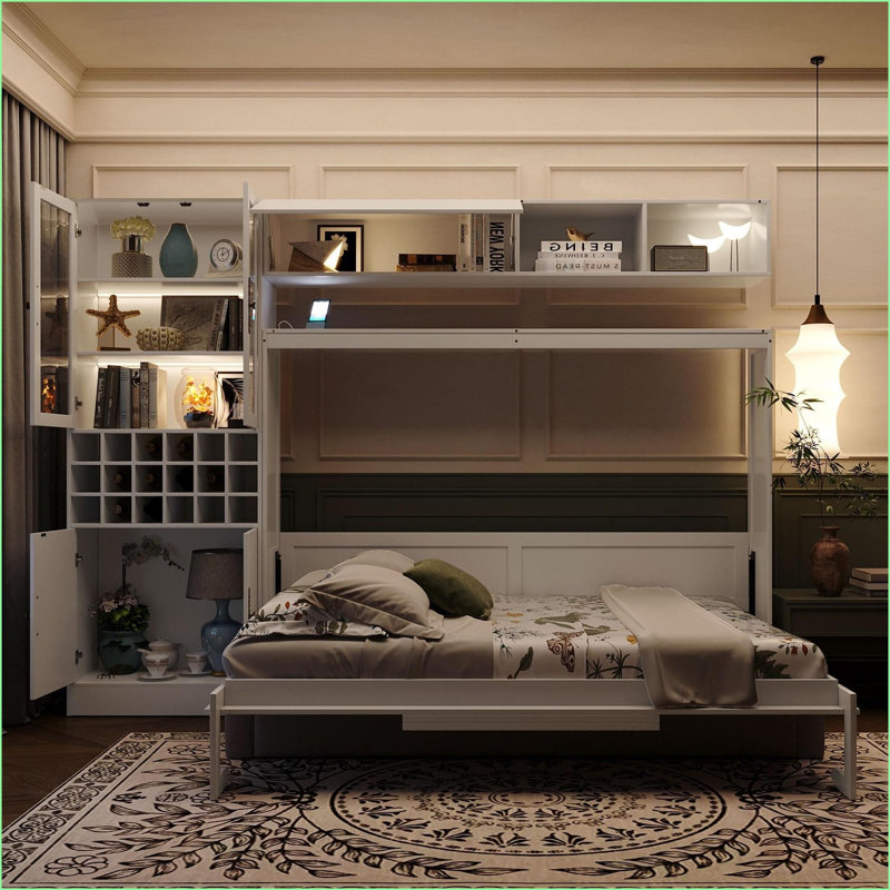 Lit escamotable double avec tablettes USB et lumière - Contreplaqué en lin aggloméré gris / blanc pour les petits espaces