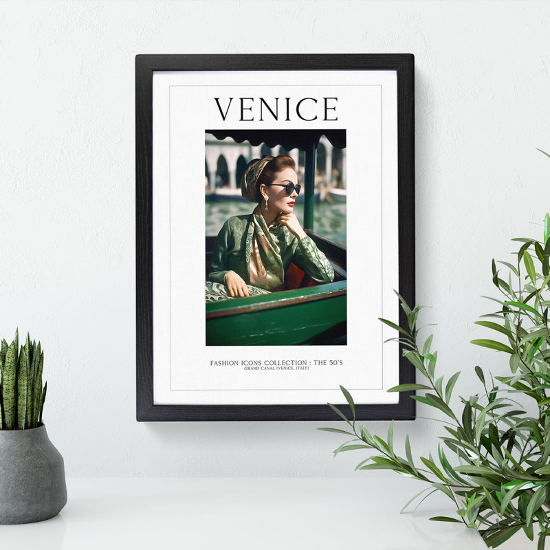 Fashion Travel Poster Woman Colour Venice Italy - Single Picture Frame Print on Wood, 64cm H x 46cm W x 2cm D