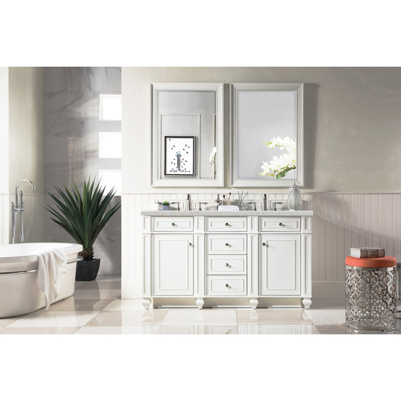 Meuble-lavabo double 60 po Bristol avec chargeur sans fil FreePower, Perle jasmin éternelle, Blanc brillant