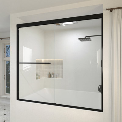 Aura 60 po X P 56 po H Porte de baignoire coulissante en demi-cadre avec verre transparent noir mat