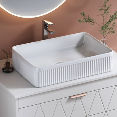 White Rectangular Ceramic Bathroom Sink With Drain - Modern Design, , 51Cm Length, 34.5Cm Width, 12Cm Height, Easy To Clean Vessel For Assembly Contemporary Look, Grade , 13.6 Inches Wide, Quick