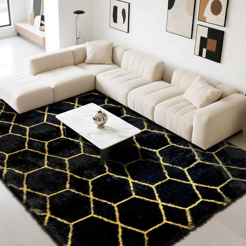 Rectangle 160 cm x 230 cm Geometric Shaggy Washable Area Rug, Black