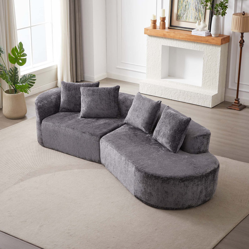 Canapé modulaire incurvé moderne en chenille avec 4 coussins décoratifs Boneless, Gris, Face à la gauche