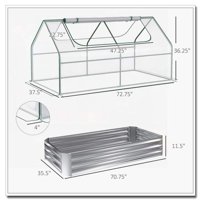 Outsunny 6' x 3' Galvanized Raised Garden Bed with Mini PVC Greenhouse Cover, Outdoor Metal Planter Box with 2 Roll-Up Windows for Growing Flowers, Fruits, Vegetables and Herbs, Silver