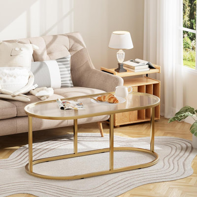 Coffee Table Gold Glass Coffee Table For Living Room, Oval Glass Table Centre Table With Ribbed Glass Top And Sturdy Metal Frame,Modern Glass Accent Table For Bedroom Home Office