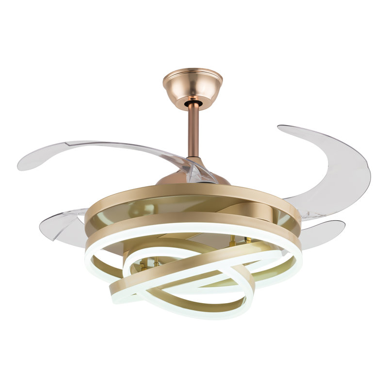 Gold Retractable LED Ceiling Fan Chandelier with Remote Control