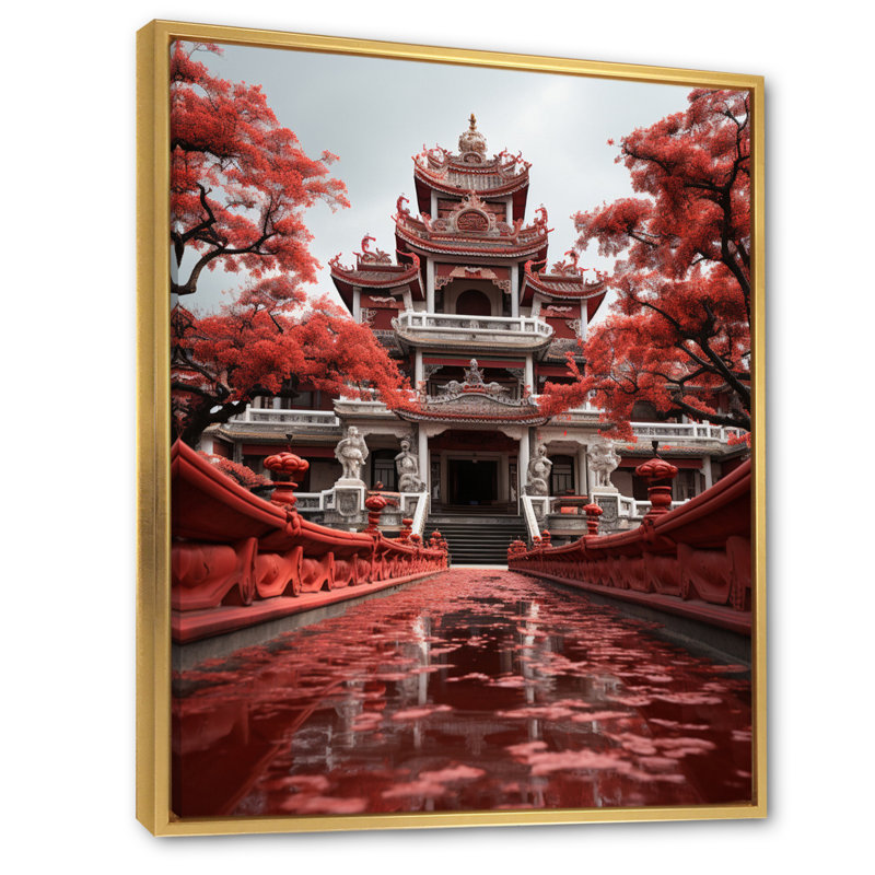 Opéra du Vietnam «Crimson I» sur toile, Cadre flottant doré, H 40 po x l 30 po x P 1,5 po