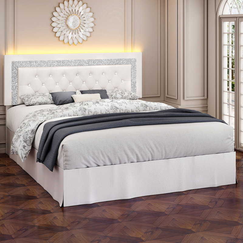 Bed Frame with Adjustable Headboard and Crysral Tufted Upholstered Beds, Queen, White