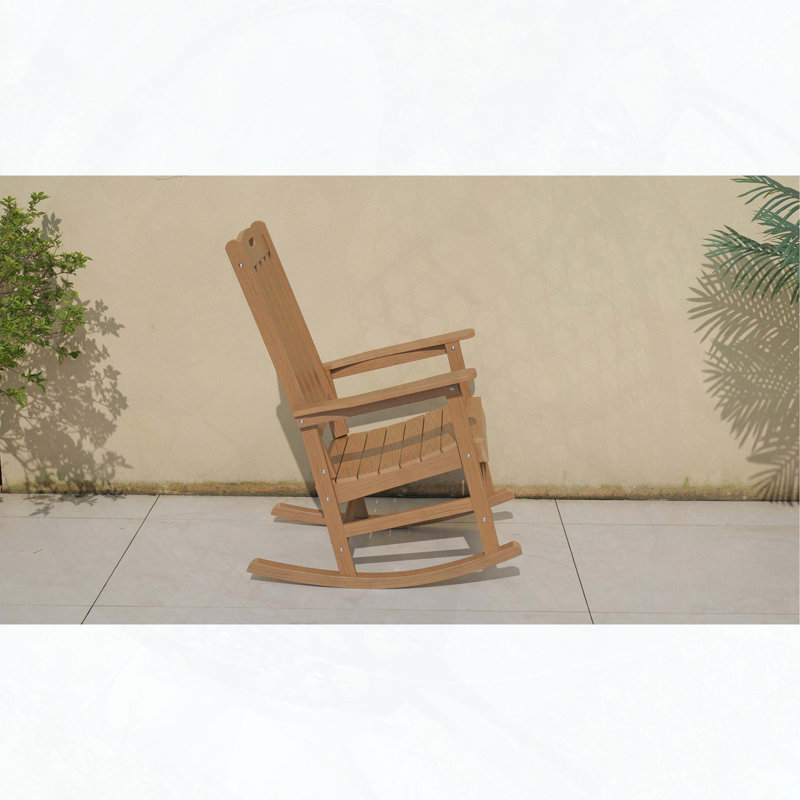 Teak Color HIPS Outdoor Rocking Chair with Slatted Back, Teak