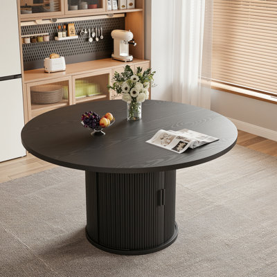 Table de salle à manger 47 "ronde avec tablette de rangement à 2 niveaux et porte coulissante en bois - Table de cuisine moderne pour 4-6, mobilier de salle à manger peu encombrant